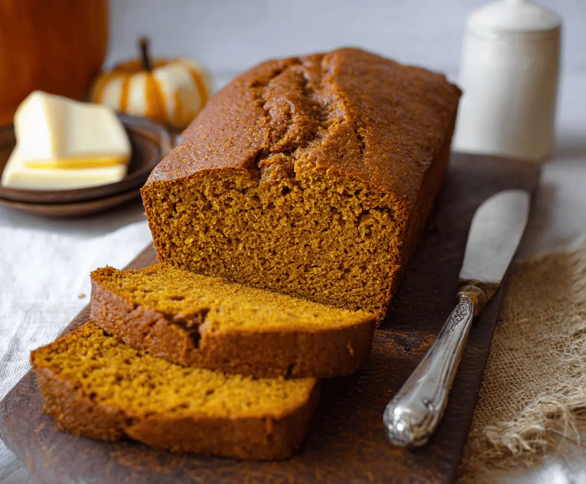 Homemade moist pumpkin bread with cinnamon and nutmeg slices on a rustic wooden table, perfect for fall baking.
