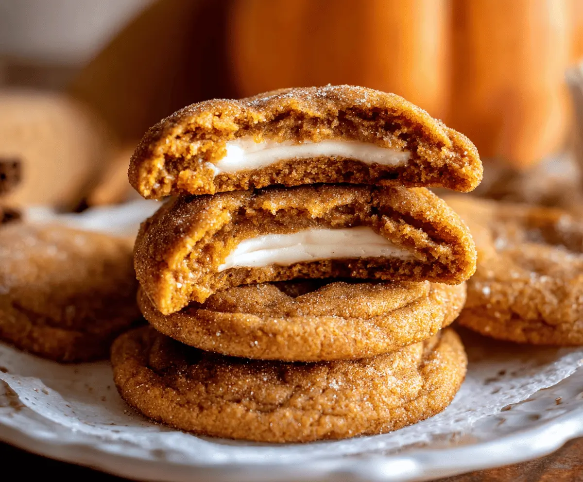 Delicious Pumpkin Cheesecake Filled Cookies with creamy cream cheese filling and a spiced pumpkin cookie exterior, perfect for fall desserts