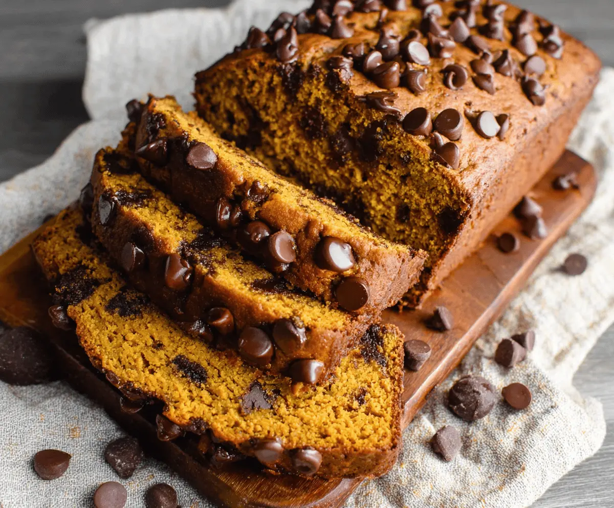 Delicious homemade pumpkin chocolate chip bread sliced and ready to enjoy, featuring a moist texture and chocolate chunks for a perfect fall treat.