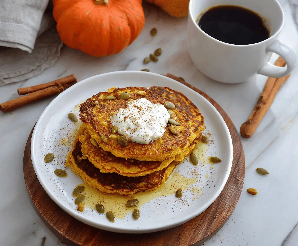 Delicious pumpkin cottage cheese pancakes topped with warm spices, served with a drizzle of syrup for a cozy breakfast.