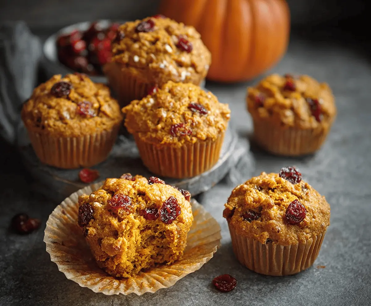 Delicious homemade pumpkin cranberry muffins with a golden-brown crust and vibrant red cranberries, perfect for fall breakfast or snacks.