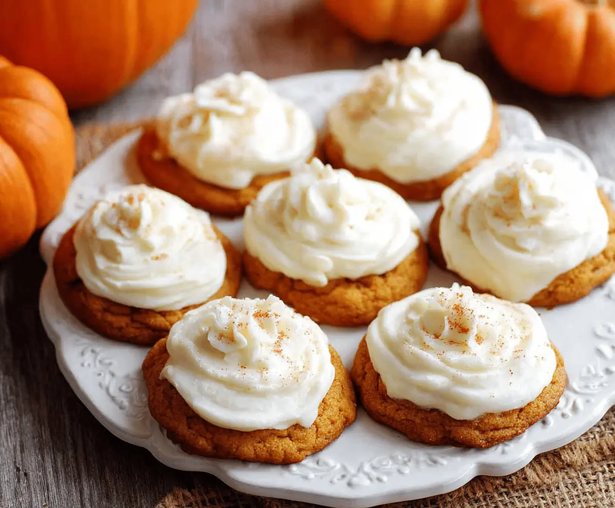 Delicious pumpkin-shaped cookies topped with creamy cream cheese frosting and festive fall decorations, perfect for autumn treats.