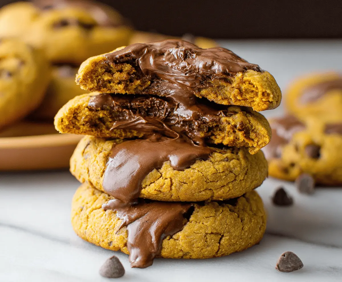 Delicious homemade pumpkin Nutella cookies with chocolate chips and chopped nuts on a rustic wooden surface, perfect for fall baking