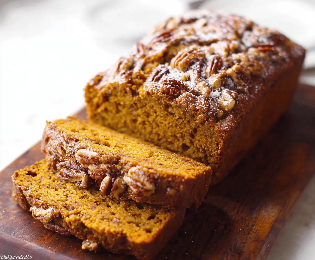 Freshly baked Pumpkin Pecan Bread topped with chopped pecans and a drizzle of glaze, showcasing a moist, spiced loaf perfect for fall indulgence.