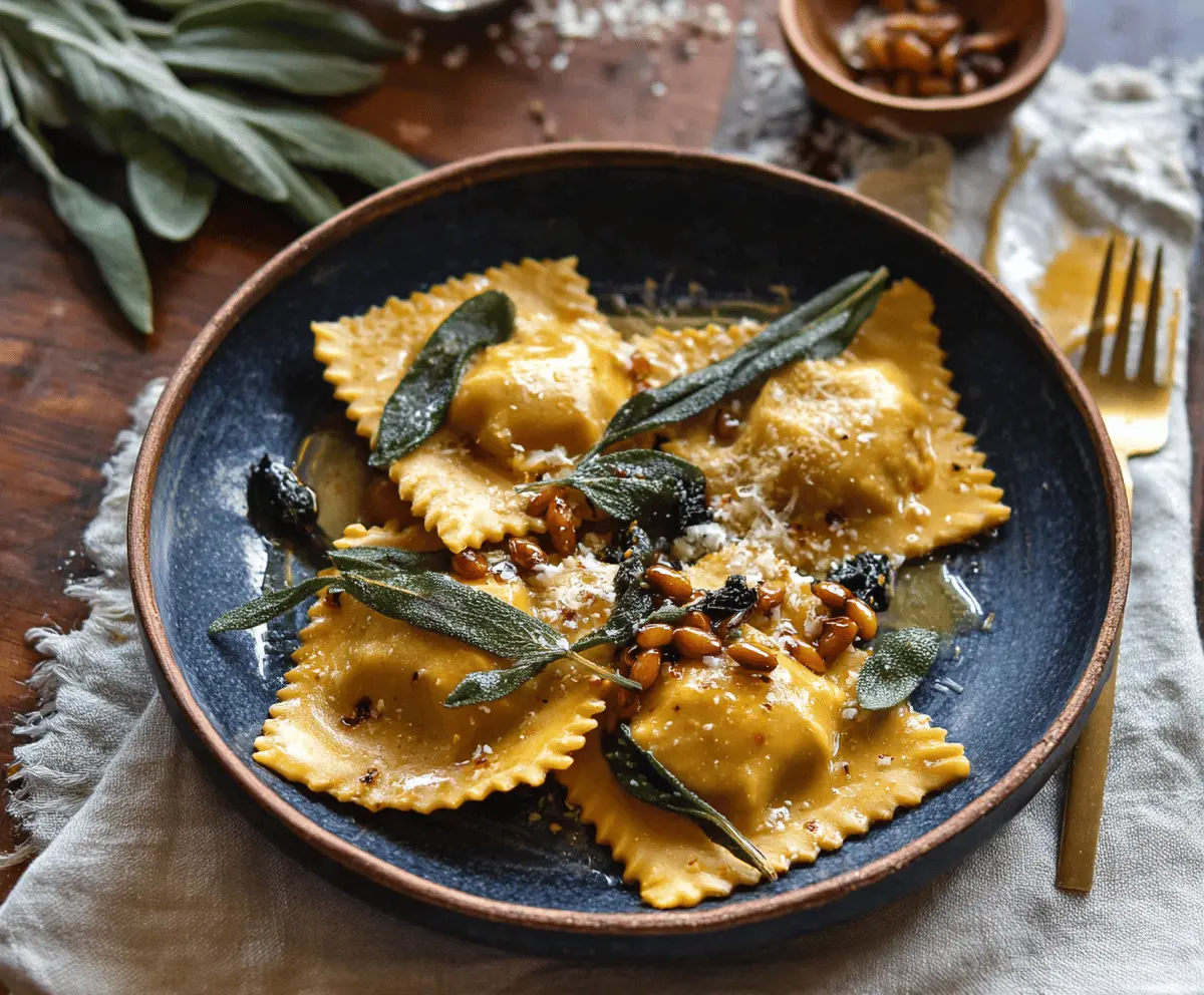 Delicious pumpkin ravioli topped with golden brown butter and fresh sage leaves, served on a white plate for a savory fall-inspired dish