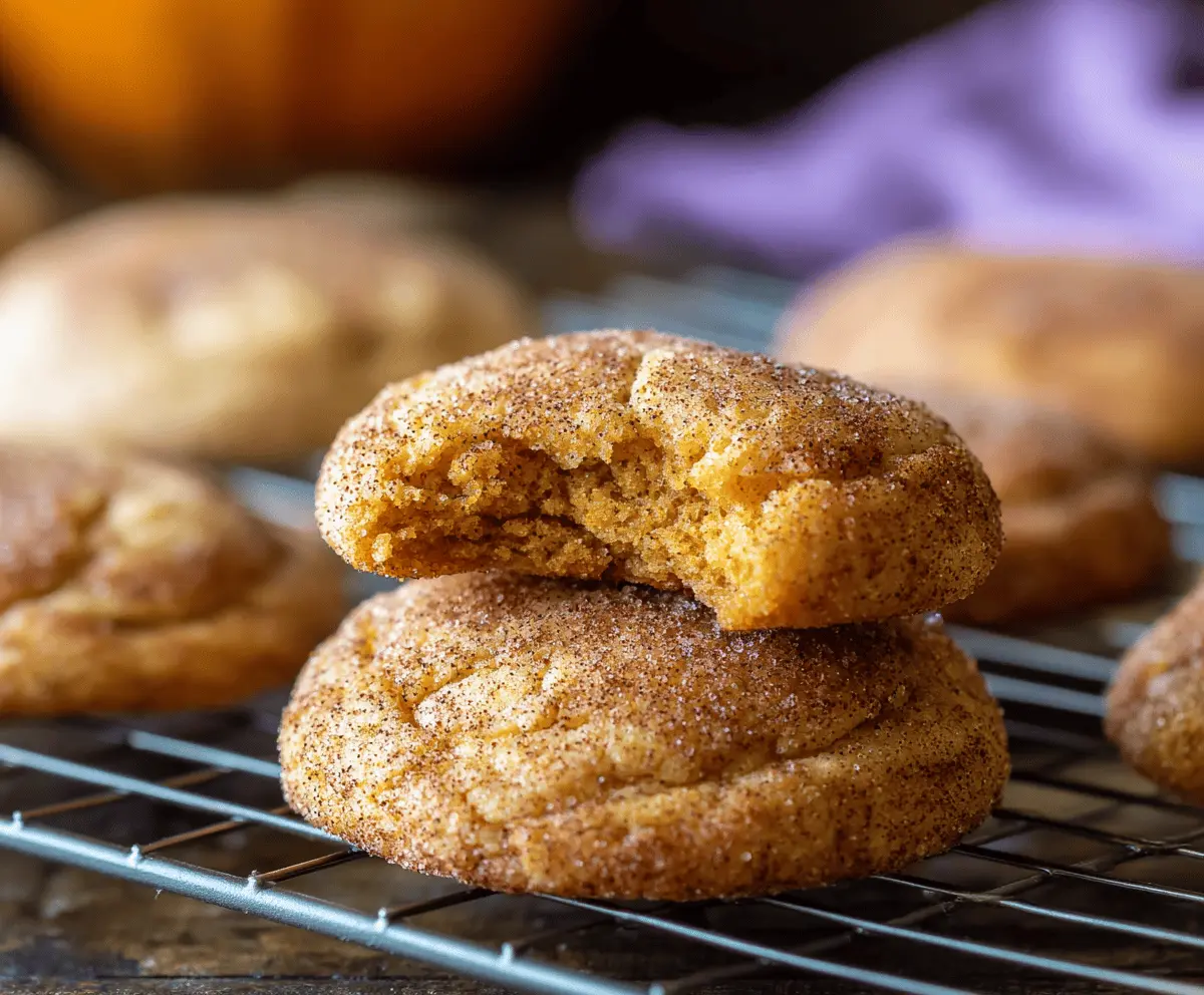 Delicious Pumpkin Snickerdoodle Cookies topped with cinnamon sugar, ready to enjoy—perfect fall treat