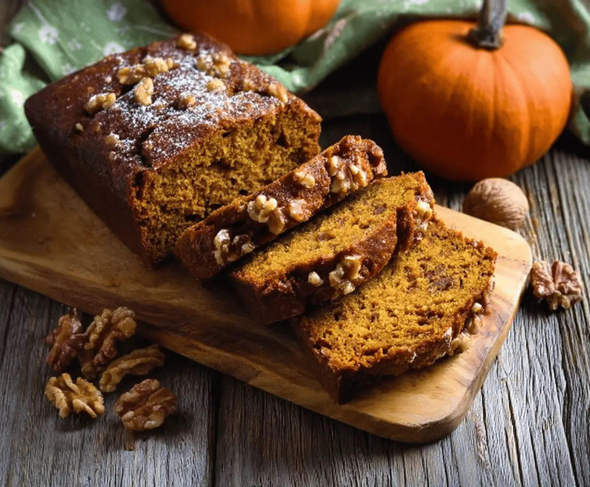 Slice of homemade Pumpkin Walnut Bread topped with walnuts and a drizzle of honey on a rustic wooden table