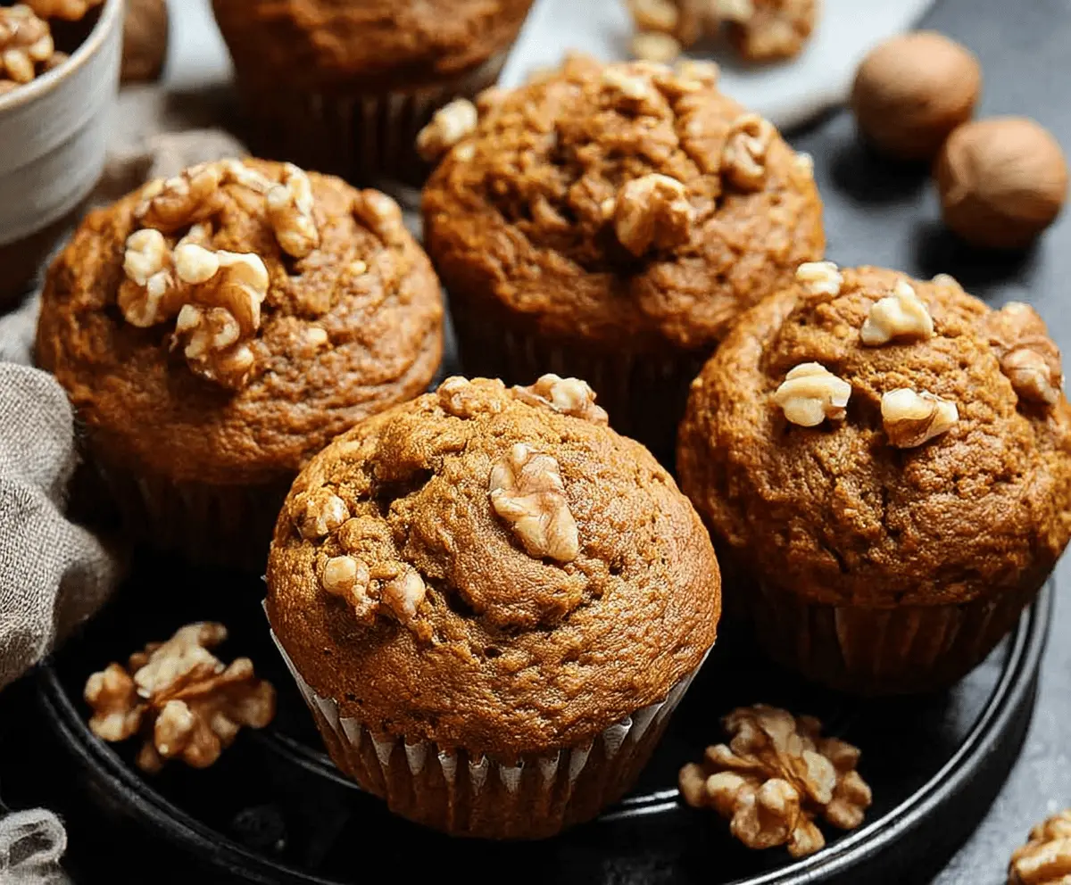 Freshly baked pumpkin walnut muffins on a rustic wooden table, showcasing golden-brown tops and crunchy walnut pieces for a delicious fall treat.
