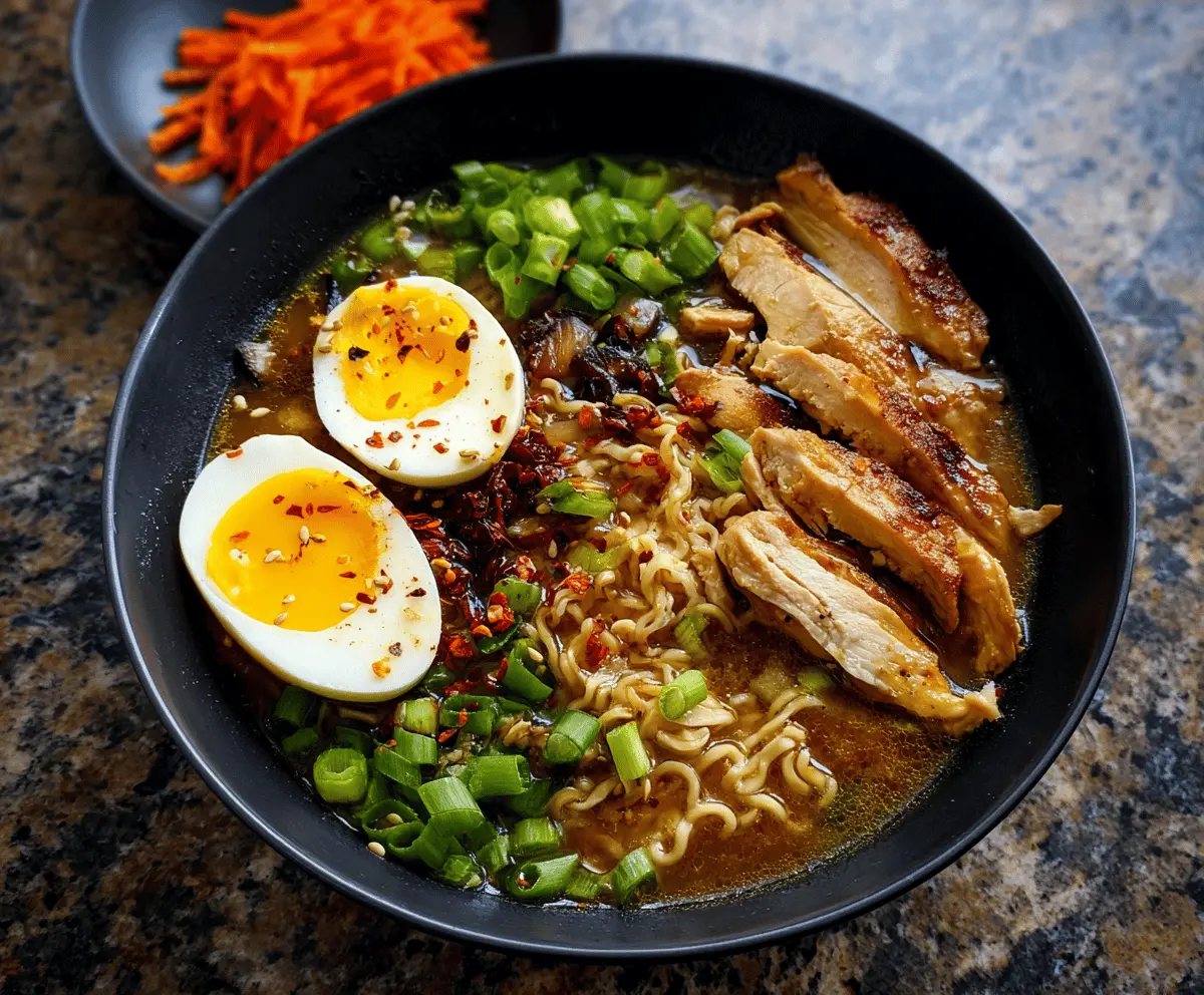 A steaming bowl of ramen chicken noodle soup topped with sliced chicken, green onions, and soft-boiled eggs, served in a clear broth with ramen noodles.