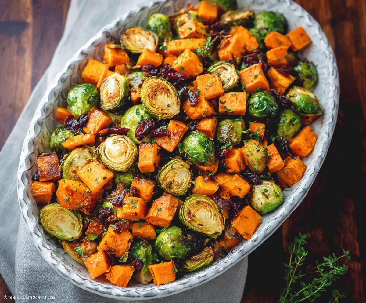 Roasted Brussels sprouts and sweet potatoes served on a white plate with fresh herbs, showcasing a healthy and colorful side dish
