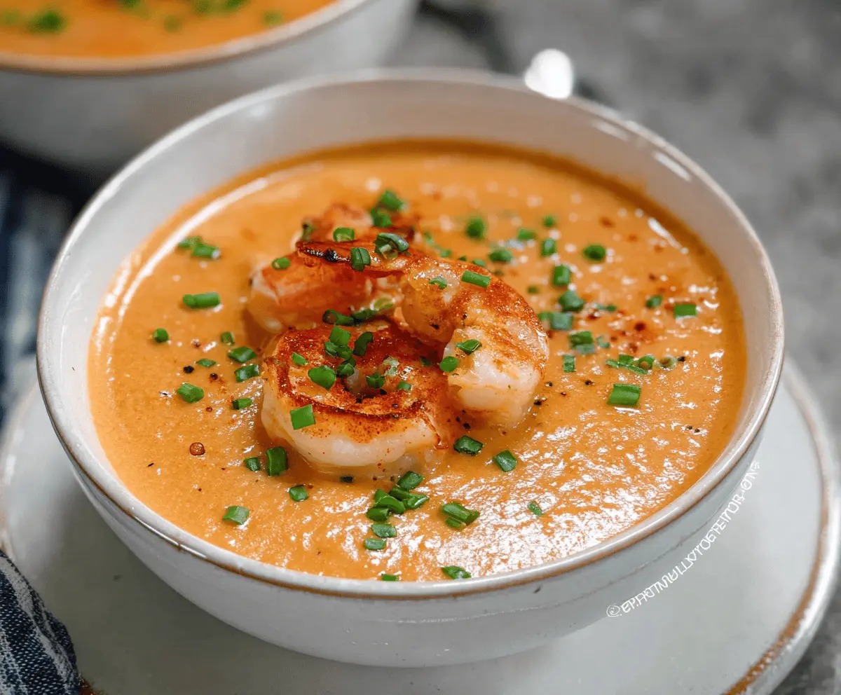 Creamy shrimp bisque garnished with fresh herbs and served in a bowl, perfect for a flavorful seafood appetizer.