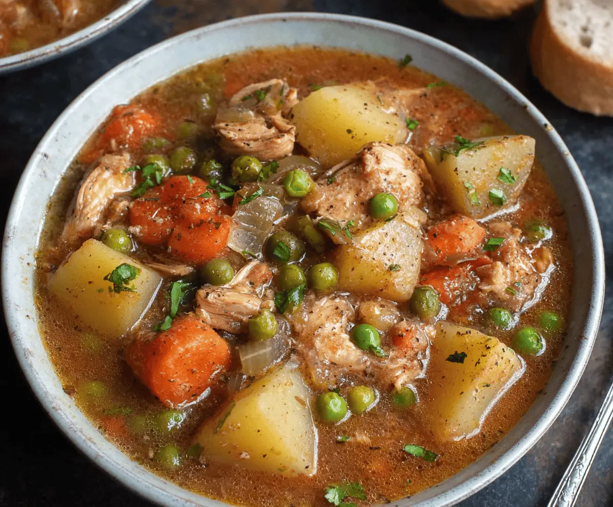 Hearty slow cooker chicken stew with vegetables and herbs in a bowl, perfect for comforting meals