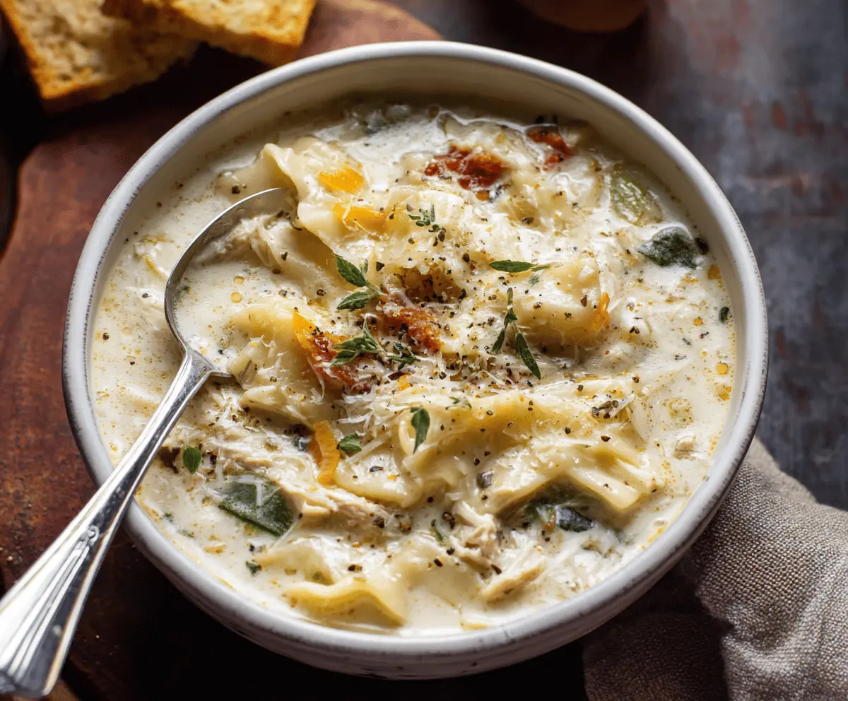 Creamy White Lasagna Soup in a slow cooker with layers of ricotta, mozzarella, spinach, and tender pasta, perfect for cozy comfort meals