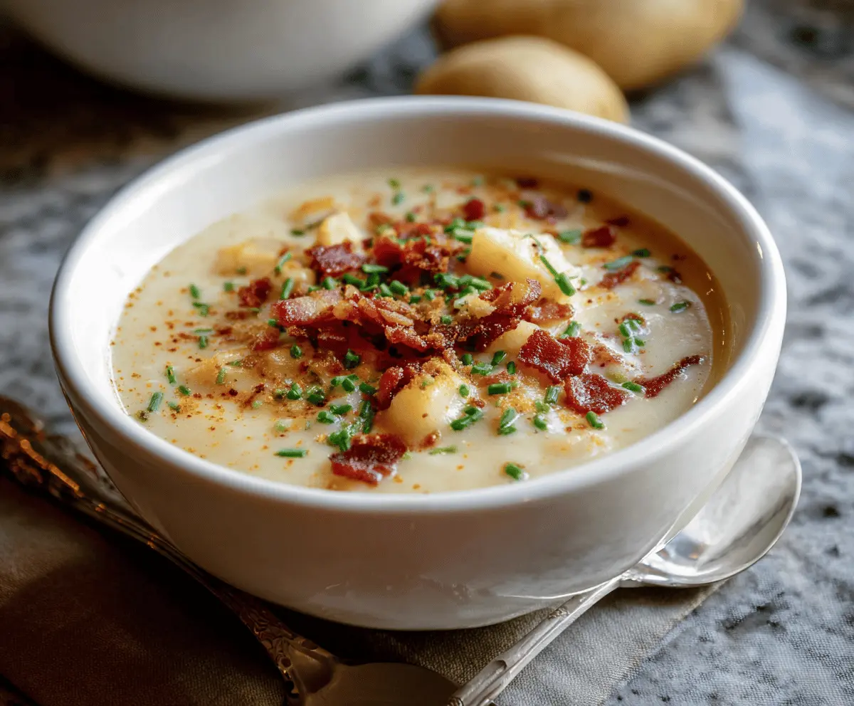 Creamy smoked gouda potato soup served in a bowl, topped with fresh herbs and crispy bacon bits, perfect for a comforting meal.