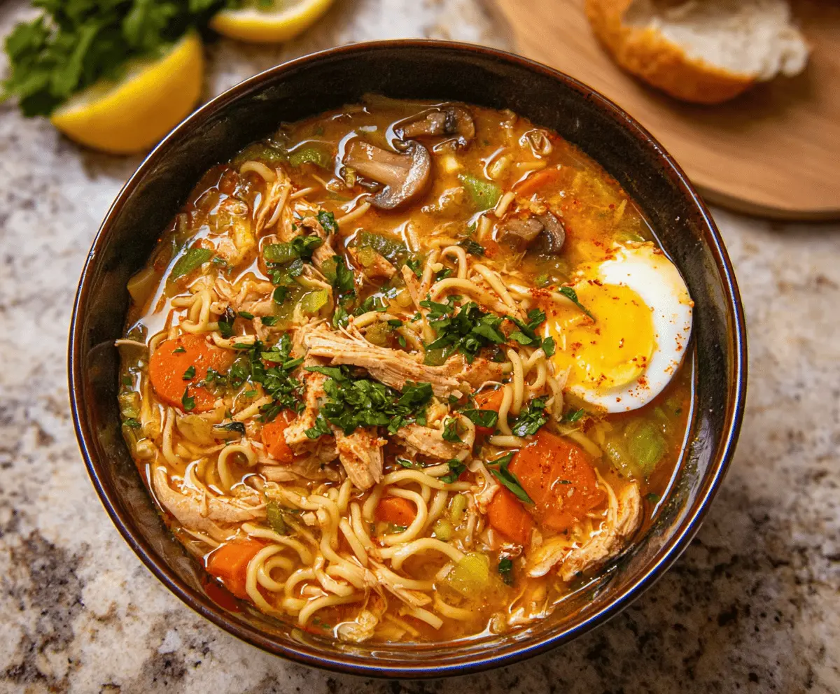 A bowl of hot and flavorful Spicy Chicken Noodle Soup with tender chicken, vegetables, and chili peppers garnished with fresh herbs, perfect for a comforting meal.