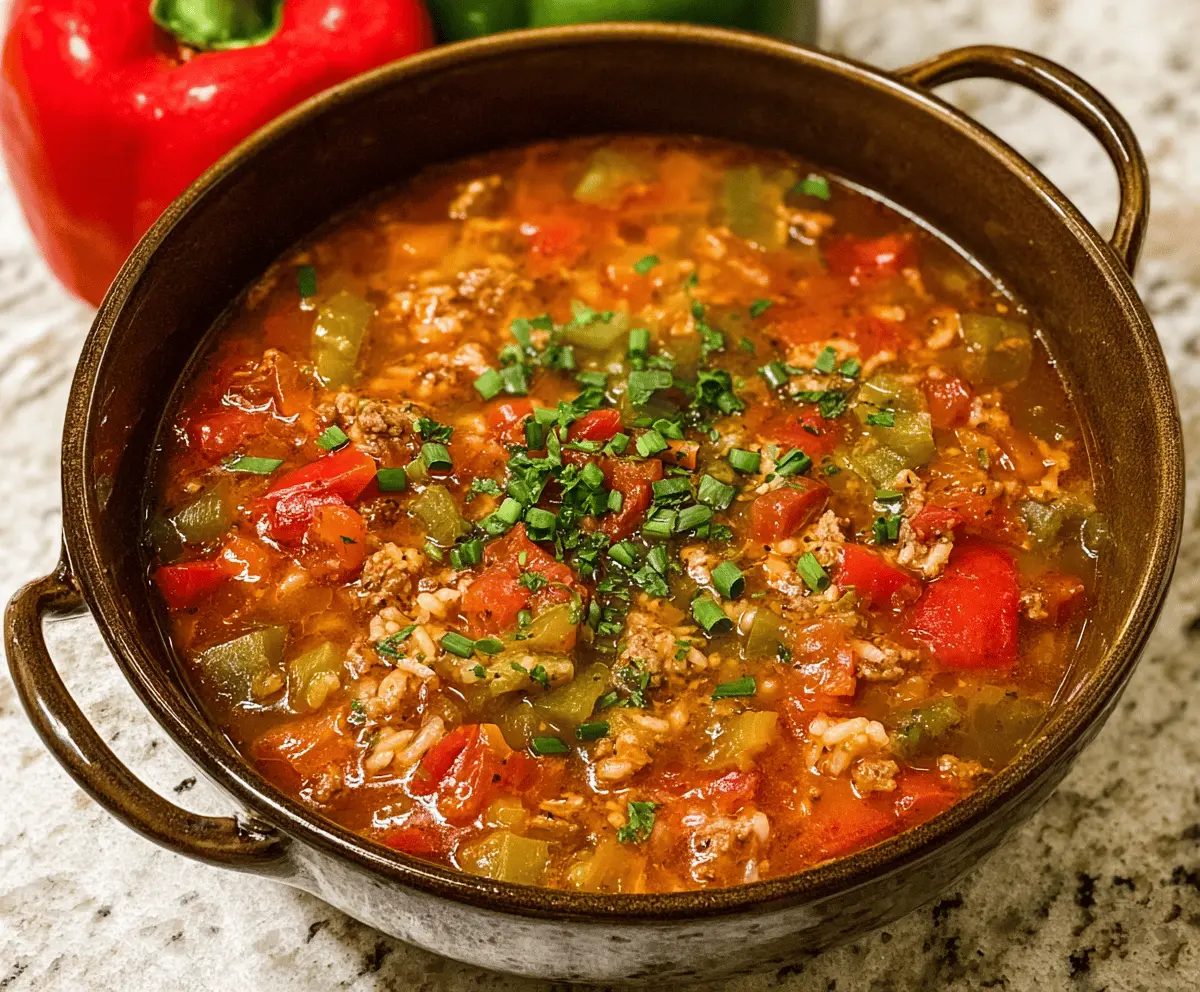 Creamy stuffed bell pepper soup with colorful bell peppers, ground meat, rice, and fresh herbs in a bowl.