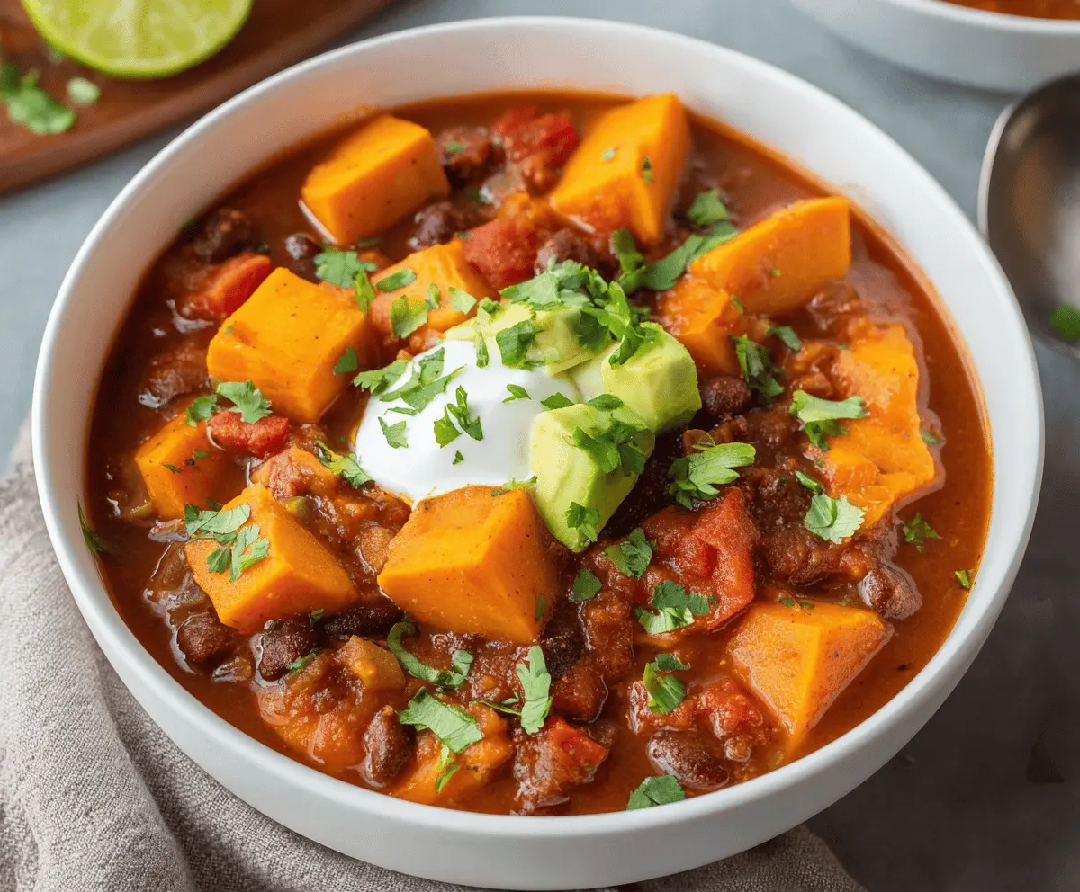 A steaming bowl of hearty sweet potato chili topped with fresh herbs and served with crusty bread, showcasing vibrant orange sweet potatoes, beans, and colorful vegetables.