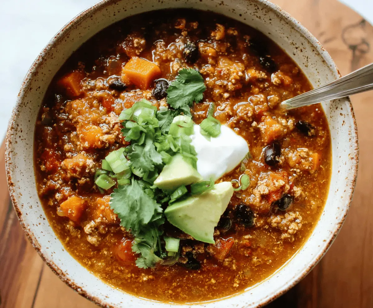 Hearty sweet potato and ground turkey chili in a bowl topped with fresh herbs, served with crusty bread on a rustic plate