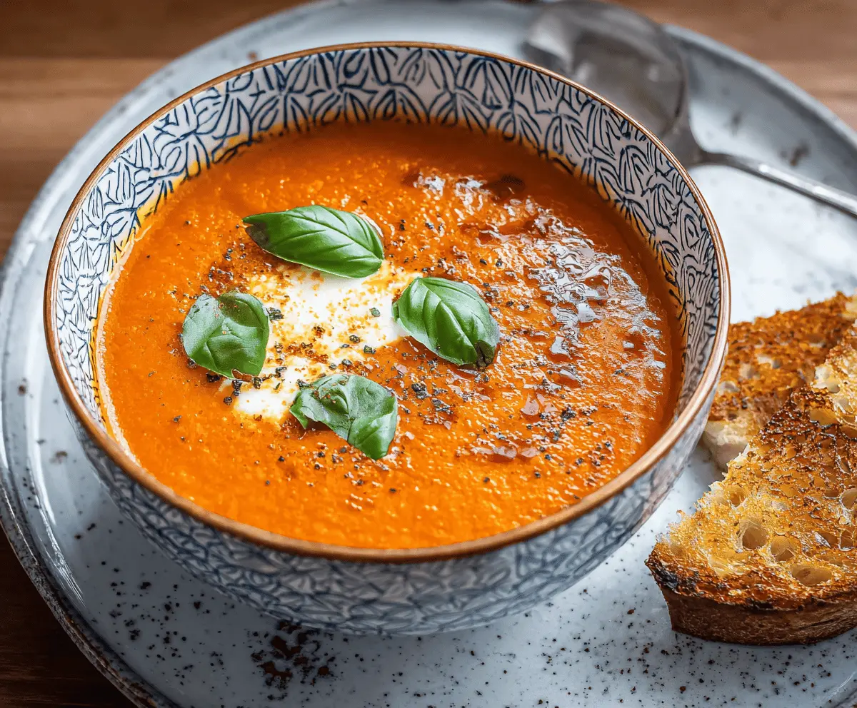 Creamy tomato basil soup garnished with fresh basil leaves in a rustic bowl, perfect for a comforting, healthy meal.