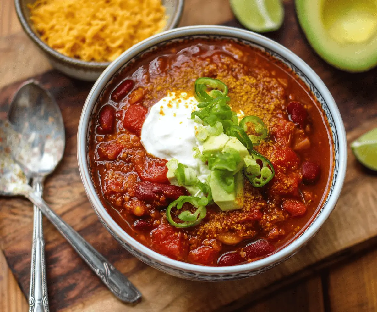 Vegan chili in a bowl with kidney beans, corn, and vegetables, topped with fresh herbs, ready to serve