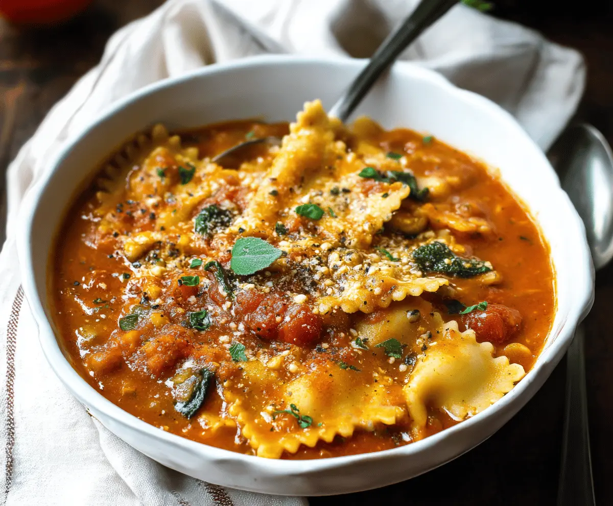 Delicious vegan lasagna soup in a bowl topped with fresh basil and melted vegan cheese, served with bread on the side.