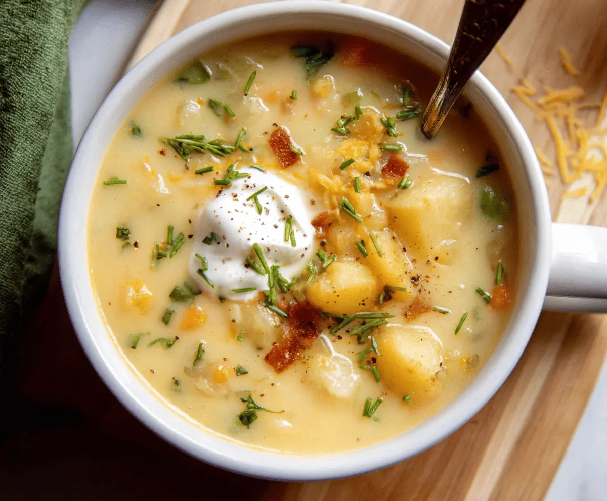 Creamy vegan potato soup garnished with chopped herbs and served in a bowl, perfect for a comforting plant-based meal.