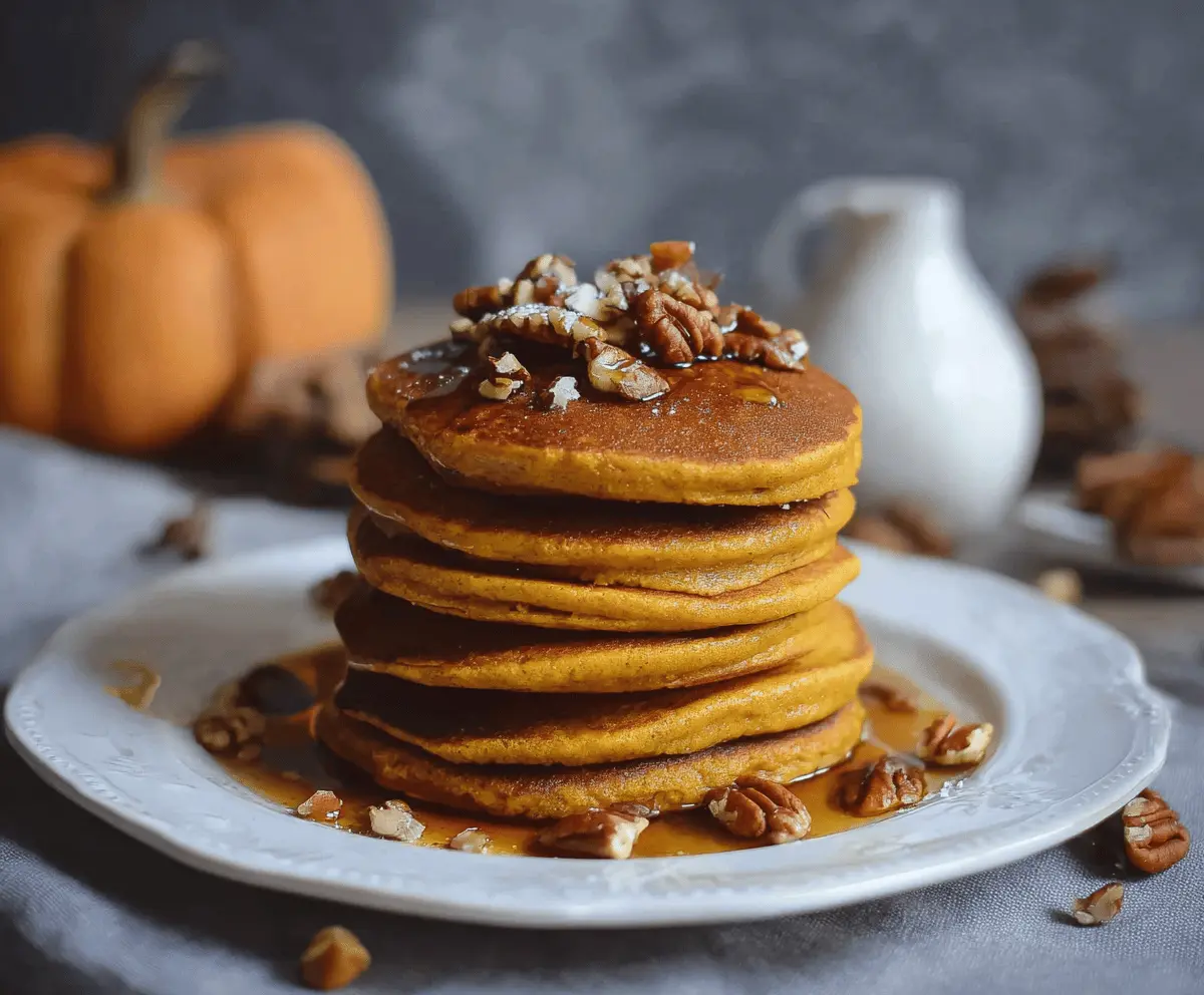 Delicious vegan pumpkin pancakes topped with syrup and fresh maple leaves on a rustic plate, perfect for fall breakfast