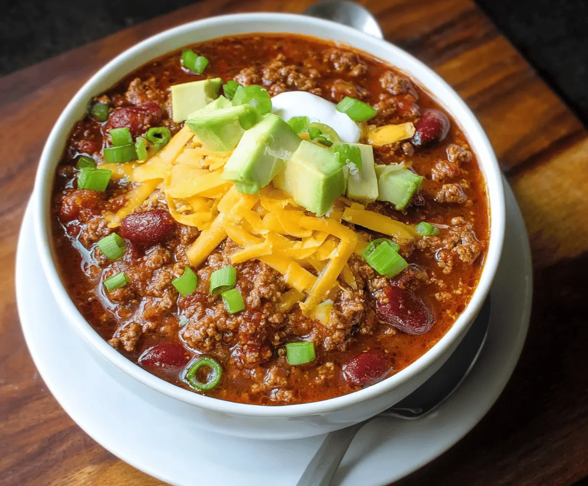Spicy venison chili in a bowl topped with shredded cheese and fresh herbs, served with cornbread on the side.