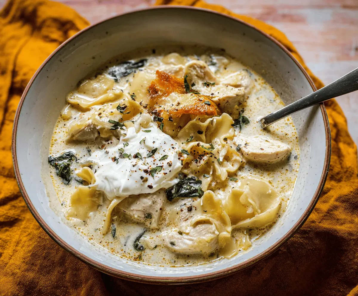Creamy white chicken lasagna soup with shredded chicken, ricotta cheese, spinach, and melted mozzarella topped with fresh herbs in a bowl.