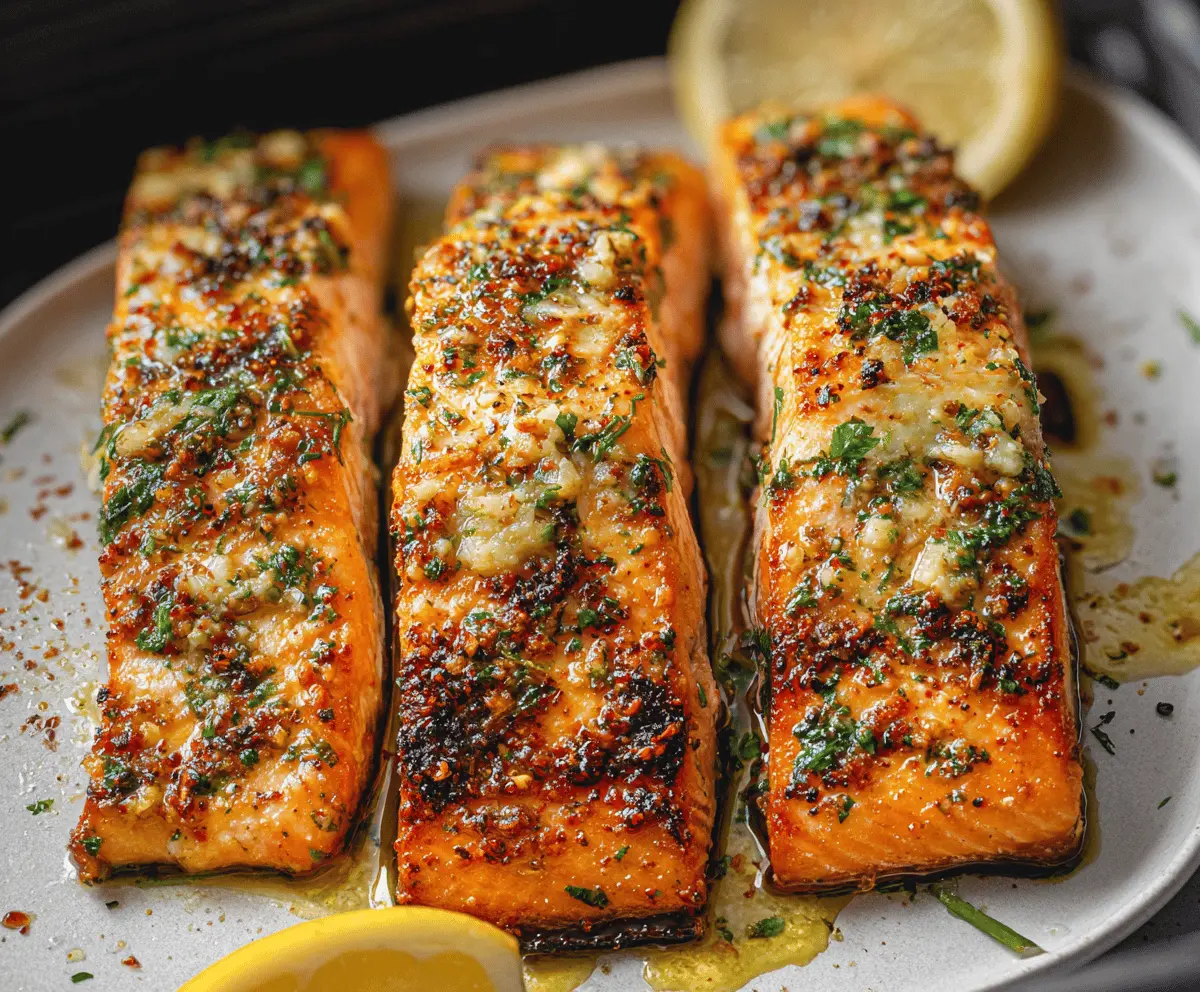 Delicious air fryer garlic butter salmon fillet garnished with fresh herbs on a white plate, ready to serve