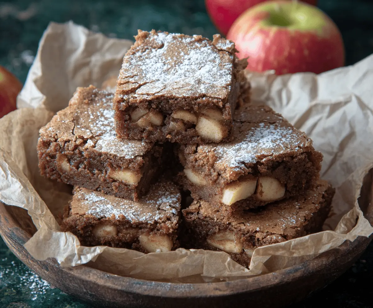 Delicious apple brownies dessert topped with caramel and nuts