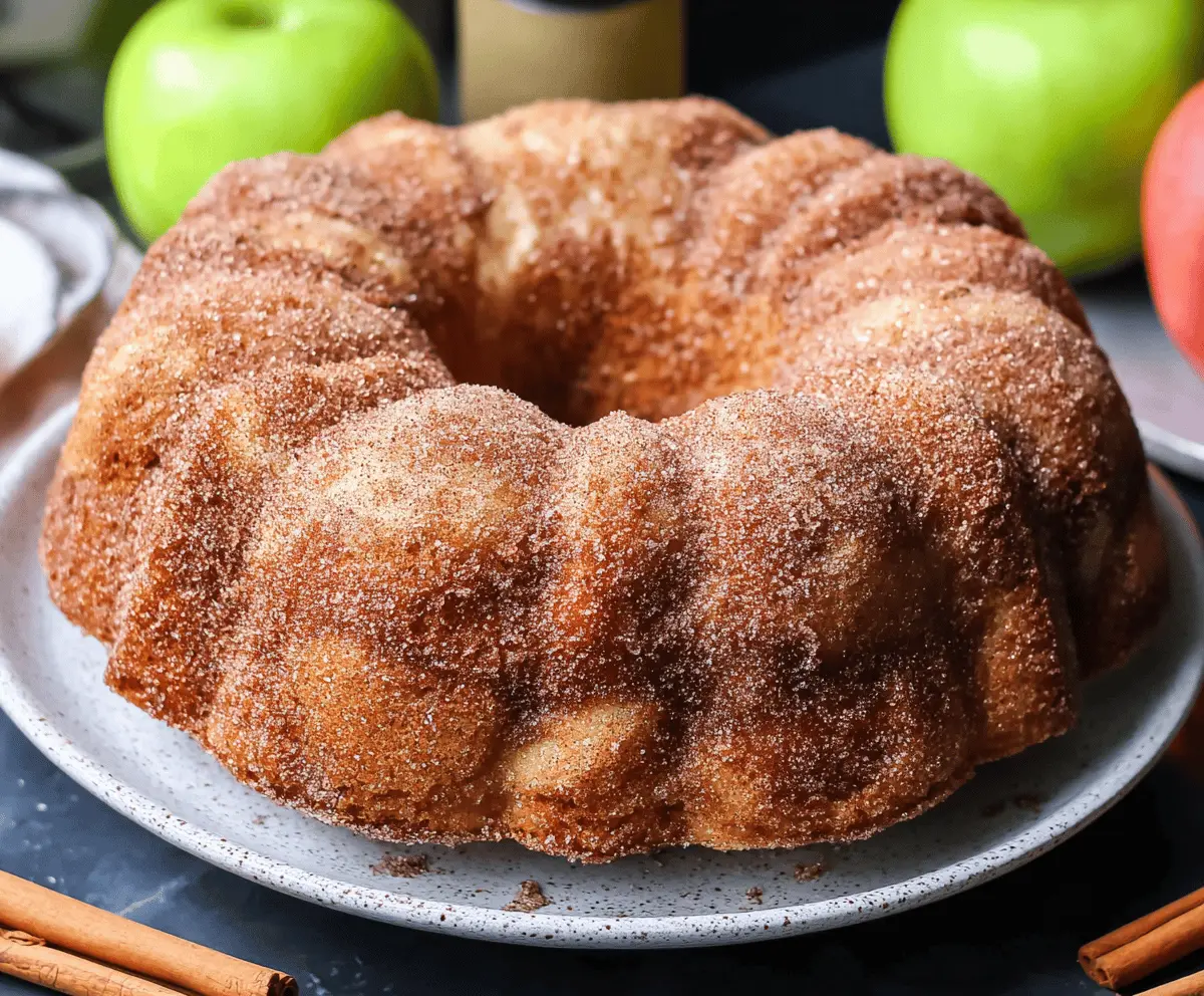 Delicious Apple Cider Donut Bundt Cake topped with icing and cinnamon for a tasty fall dessert.