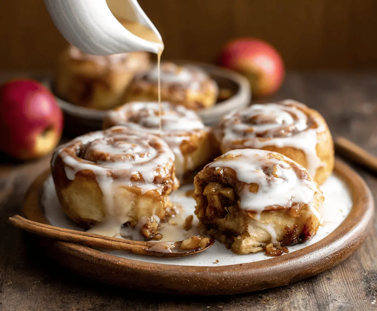 Delicious homemade apple cinnamon rolls topped with icing, featuring warm apple filling and a soft, flaky pastry perfect for breakfast or dessert