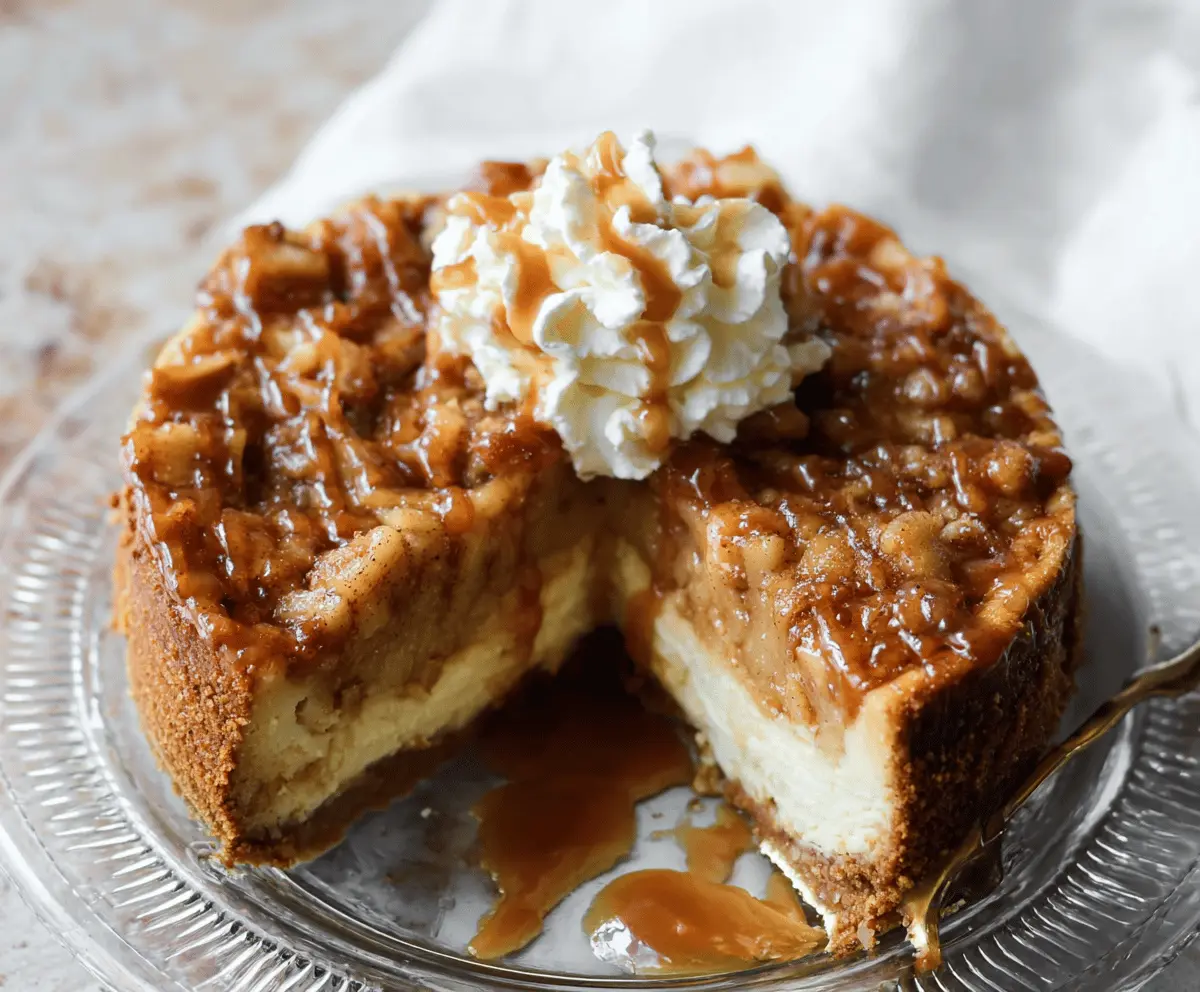 Delicious apple pie cheesecake topped with caramelized apple slices and cinnamon crust, served as a perfect fall dessert