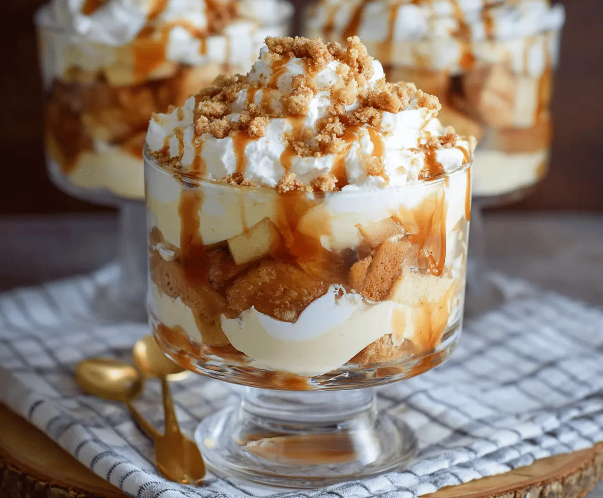 Delicious Apple Pie Trifle layered with fresh apples, whipped cream, and crunchy cinnamon graham crackers.