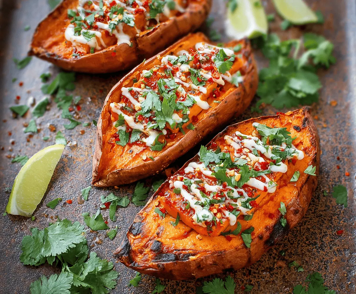 Delicious baked honey chili sweet potato topped with fresh herbs, served on a white plate for a healthy and flavorful meal