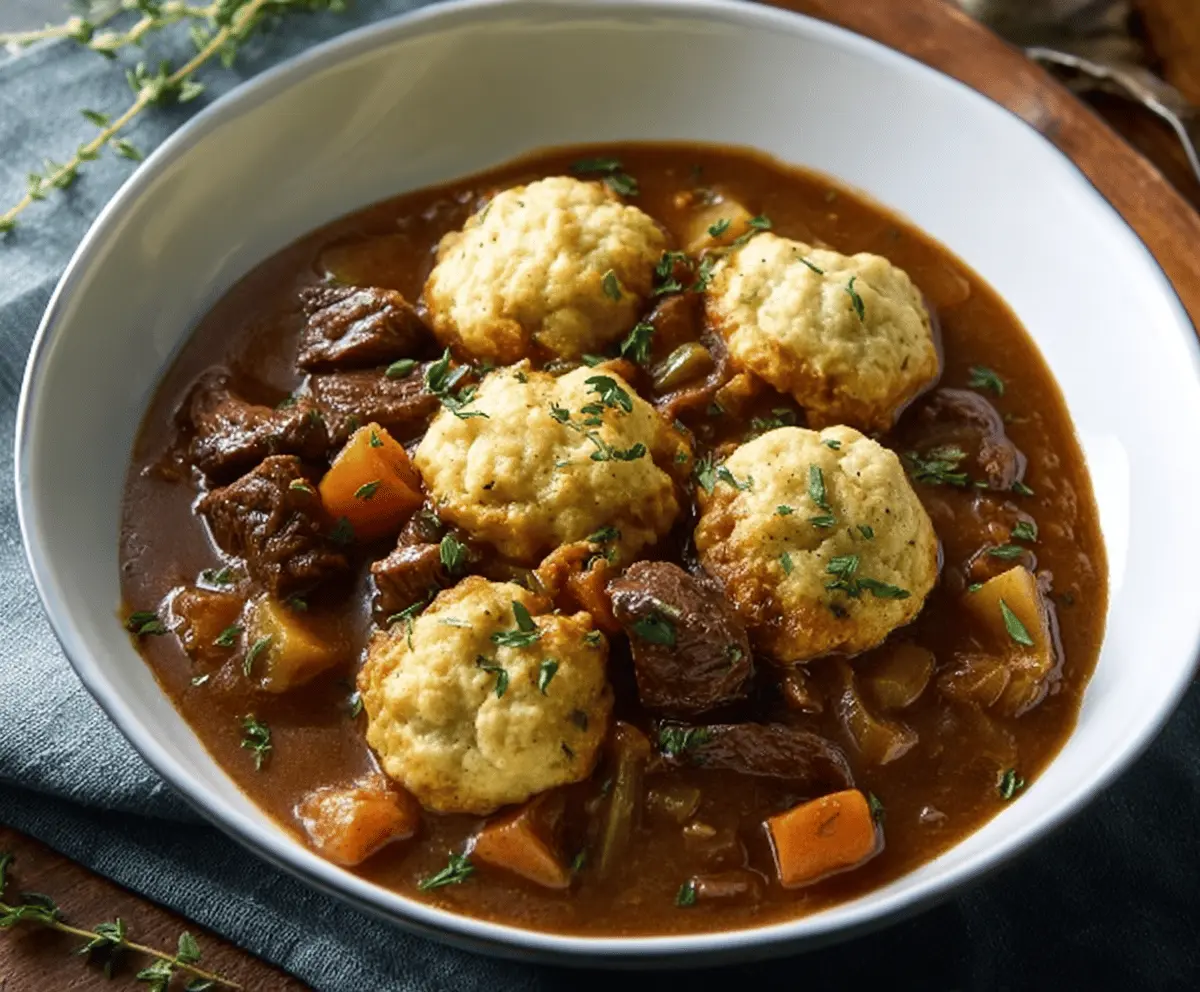 Hearty beef stew with tender meat, vegetables, and fluffy dumplings in a rustic bowl.