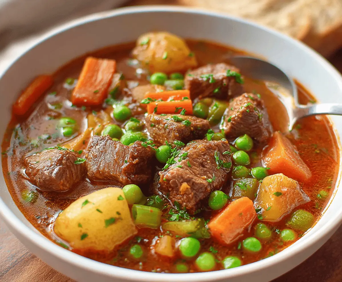 Hearty beef stew with tender beef chunks, colorful vegetables, and savory broth in a rustic bowl.