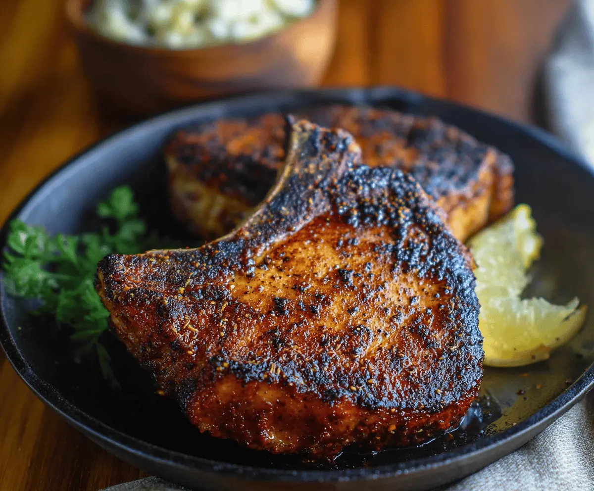 Juicy blackened pork chops seasoned with bold spices, served on a plate with fresh herbs and side vegetables.