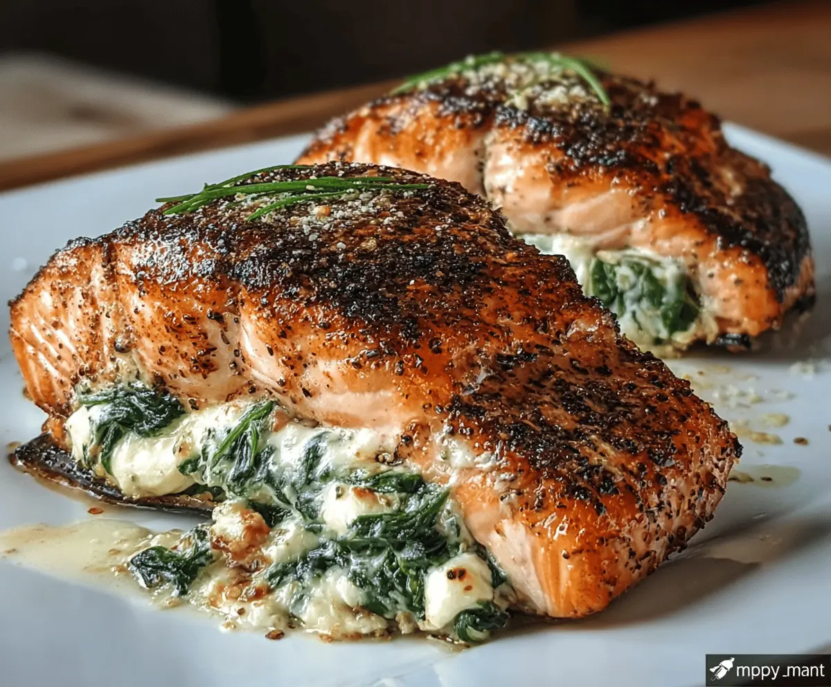 Delicious blackened salmon fillet stuffed with fresh spinach and melted Parmesan cheese, served as a flavorful seafood dish