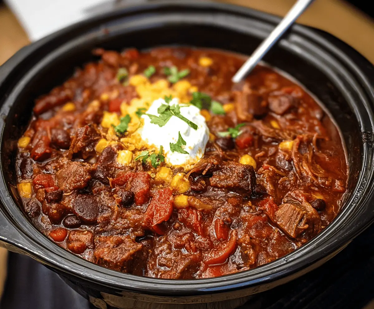 Hearty brisket chili topped with shredded cheese and fresh herbs in a bowl, served with cornbread on the side.