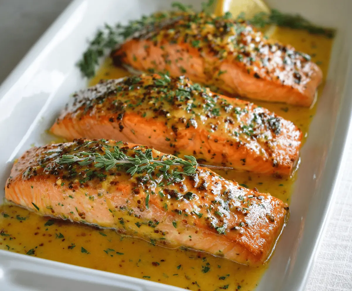 Delicious oven-baked salmon drizzled with butter, honey, and mustard for a flavorful meal.