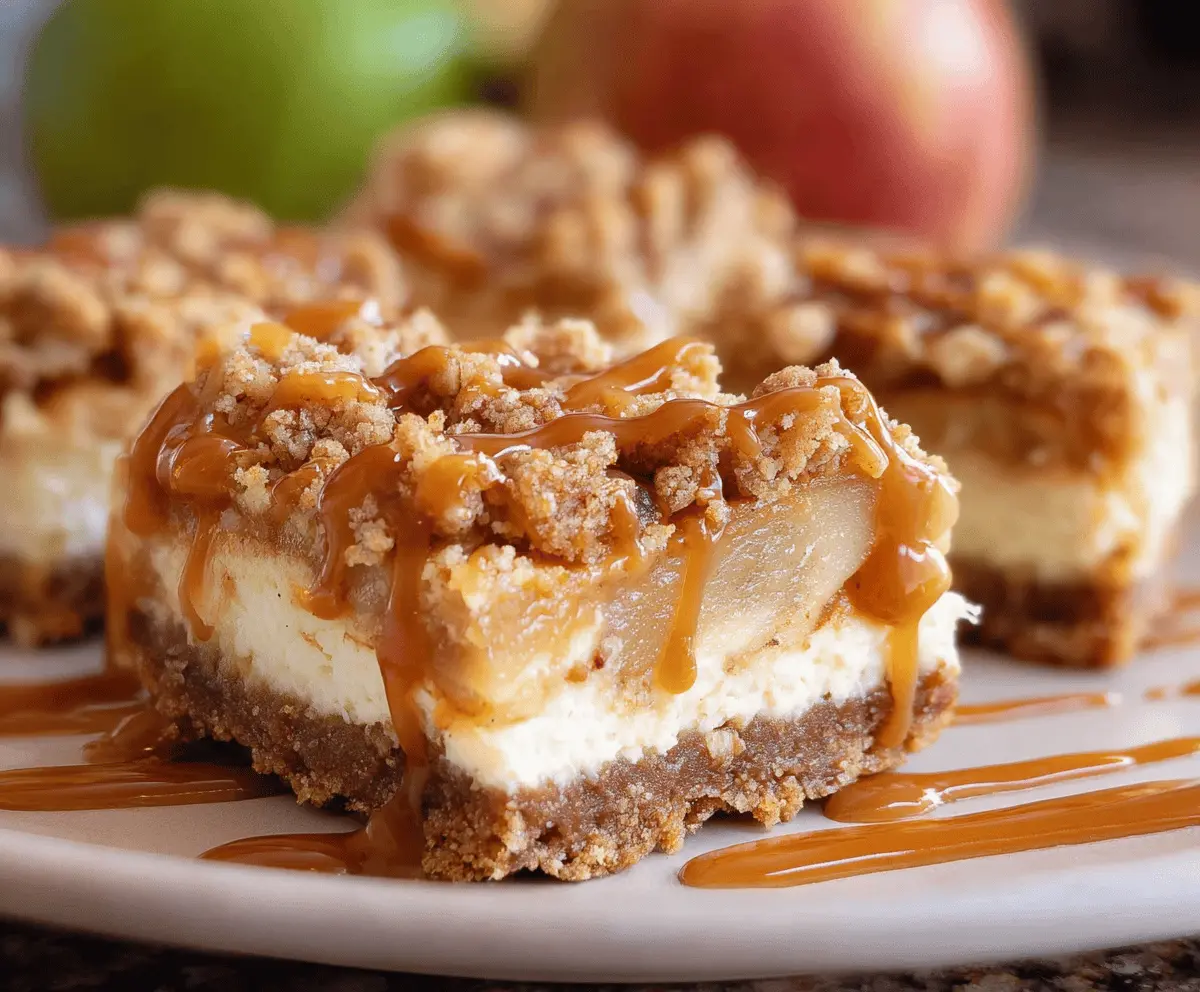 Delicious Caramel Apple Cheesecake Bars topped with caramel drizzle and apple slices on a rustic wooden background