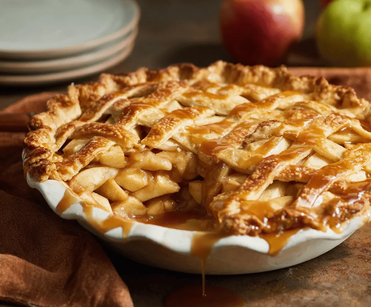Delicious homemade caramel apple pie topped with golden crust and drizzled caramel sauce, perfect for fall desserts.