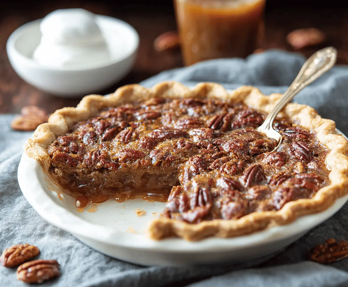 Delicious Caramel Pecan Pie with a golden crust, topped with toasted pecans and drizzled caramel syrup, perfect for dessert