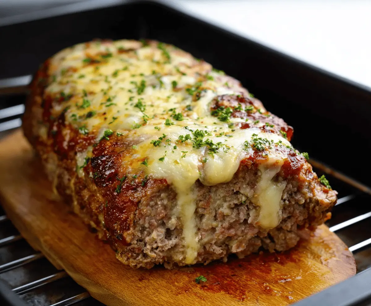 Juicy cheddar-stuffed meatloaf topped with melted cheese and herbs, ready to serve