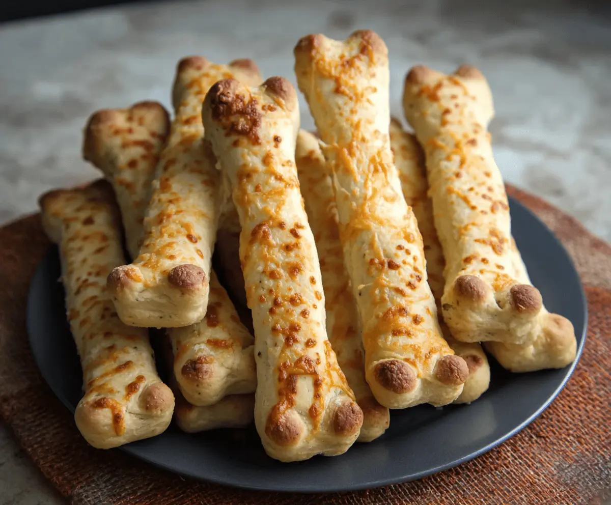 Delicious cheesy Halloween breadstick bones topped with melted cheese and spooky Halloween decorations, perfect for a festive party snack.