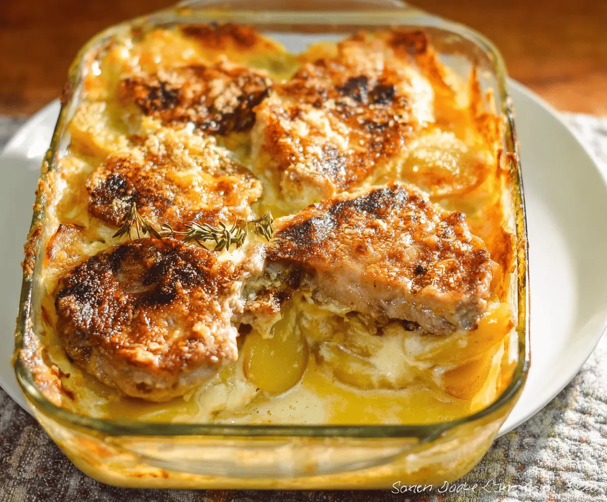 Delicious Cheesy Pork Chop Potato Casserole with melted cheese, tender pork chops, and crispy potato topping, perfect for a comforting family dinner