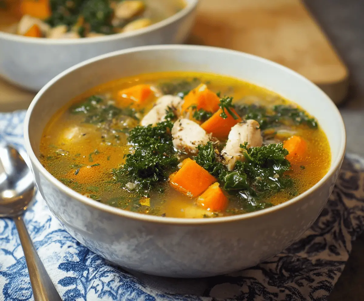 Hearty Chicken Sweet Potato Kale Soup in a bowl with fresh ingredients and herbs