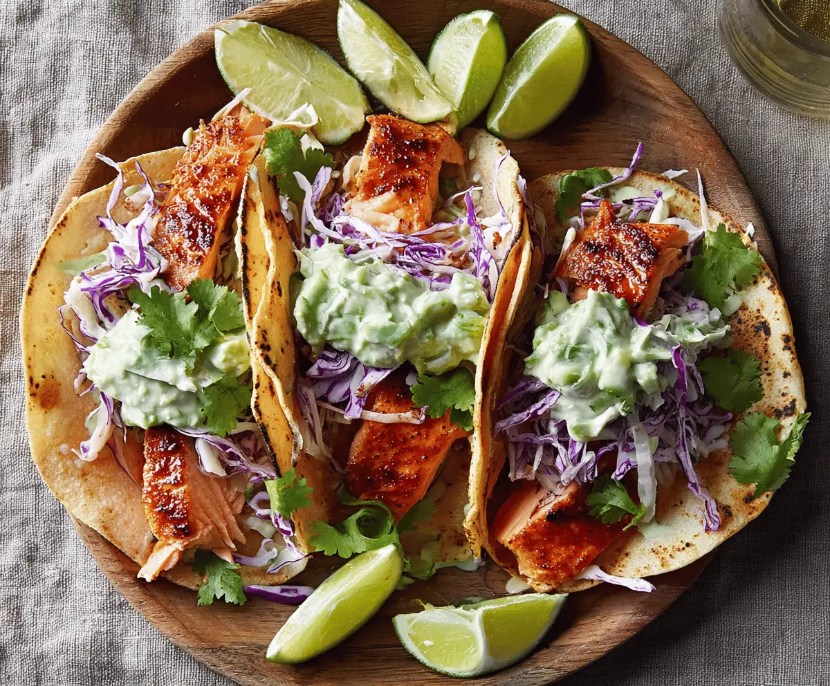 Delicious Chile Lime Salmon Tacos topped with fresh cilantro and lime wedges on a rustic plate